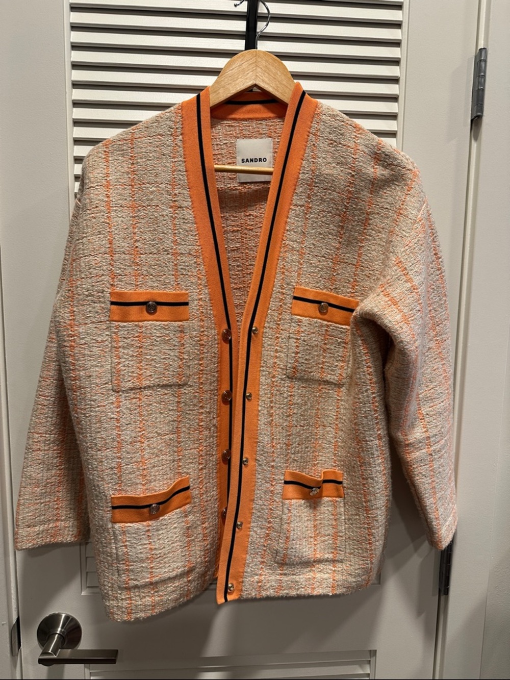 Sandro Cream Bouclé Jacket with Orange Trim